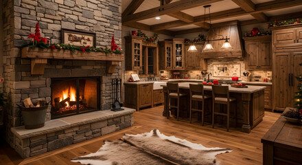 Cozy Interior Featuring Fireplace And Kitchen In Rustic Style Perfect For Holiday Season