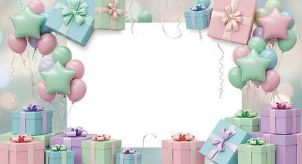 Pastel Gift and Balloon Celebration Border — Empty White Center Surrounded by Mint, Lavender and Pink Presents and Balloons with Confetti for Party Invitations and Baby Shower Frames