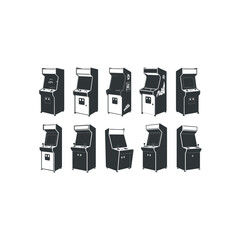 Ten dark grey vintage arcade game machines in a row on white background retro