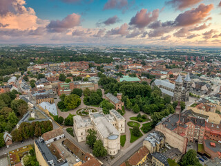 Aerial view of the medieval old town center of Lund in Sweden with University main building,...