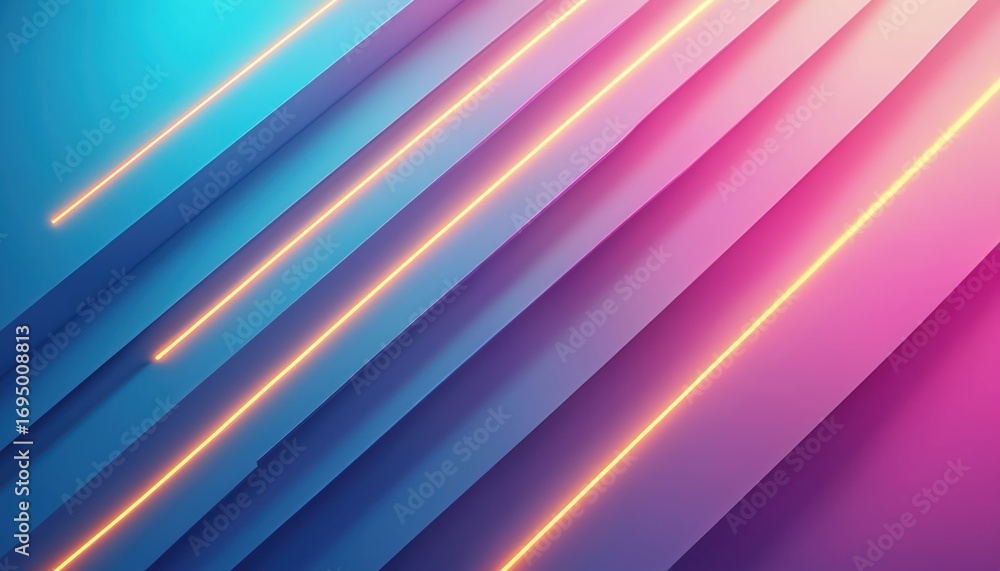 Poster geometric abstract background with diagonal lines and neon glow. blue and pink gradients blend with 