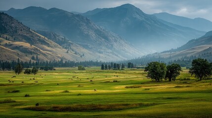 Obraz premium and keyword list based on the imageMeadow & Hay Bales in Valley surrounded by Mountains, USA.