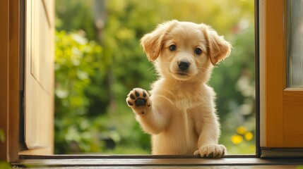 Cute puppy standing on doorstep with paws up home entrance animal image outdoor setting adorable viewpoint