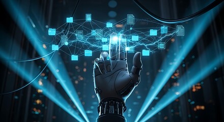 Futuristic Robot Hand Interacting With Data Network, Showcasing Innovation And Technology