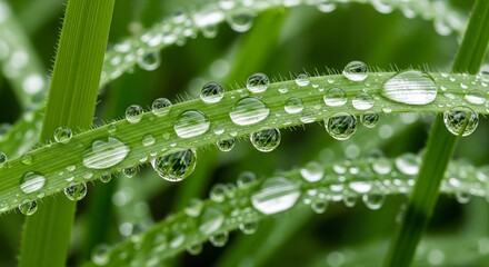 Dew Drops on Green Grass Blades - Nature Macro Photography