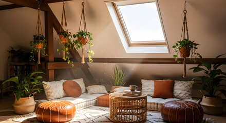 Cozy Bohemian Interior with Natural Light Showcasing Plants, Furniture, and Relaxed Atmosphere
