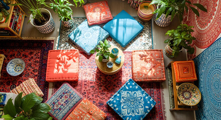 Cozy bohemian living room decor with colorful cushions, rugs and plants indoors