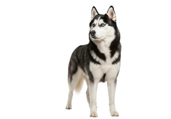 Obraz premium A majestic black and white Siberian Husky with piercing blue eyes stands alertly against a transparent studio background with copy space, a professional animal portrait concept