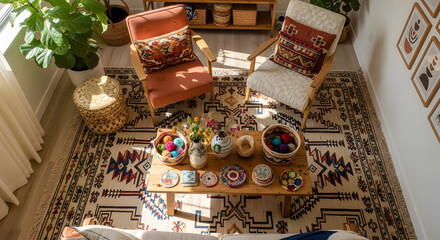 Cozy Bohemian Living Room Interior with Unique Rug and Stylish Furniture Arrangement
