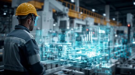 Manager in a modern factory observing a futuristic holographic interface, industrial innovation, smart manufacturing, high-tech production, and advanced industry 4.0 technology concept. - Powered by Adobe