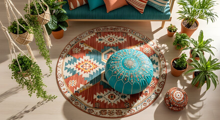 Cozy bohemian living room setup with plants, rug, ottoman and a sofa.