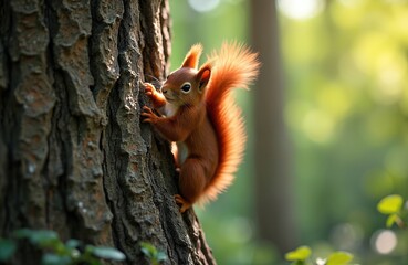 Cute red squirrel climbs textured tree bark in rich green forest. Small rodent mammal with fluffy tail moves up wood. Wildlife in natural park setting. Animal life, outdoor nature scene.
