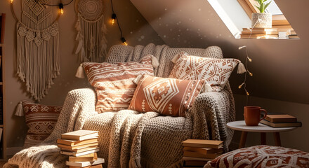 Cozy Bohemian Reading Nook With Dream Catchers, Books, Pillows, And Warm Lighting
