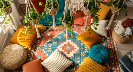 Cozy Bohemian Living Space with Vibrant Textiles and Potted Plants
