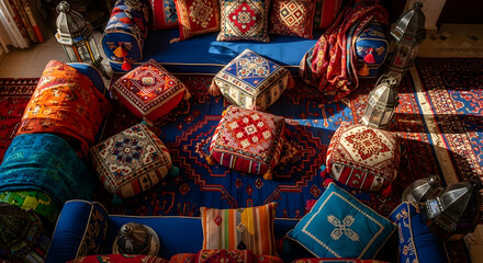 Cozy Bohemian Relaxation Decor, Oriental Colorful Cushions and Lanterns Decorated Interior