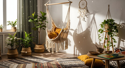 Cozy bohemian style interior decor with plants, dreamcatcher, and a hammock chair
