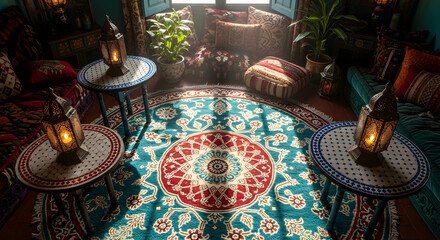 Cozy Bohemian Living Space Featuring Lanterns, Rugs, And Decorative Pillows