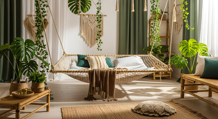 Cozy Boho Bedroom with Hammock Plants and Natural Decor in Bright Sunlight