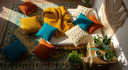 Cozy boho style home interior featuring colorful pillows, a blanket, and plants