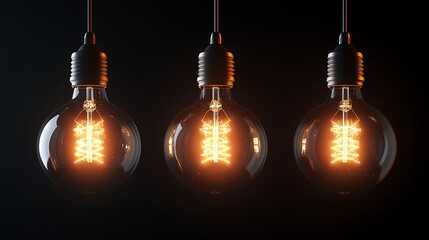 Three Glowing Filament Bulbs with Transparent Glass on a Dark Backdrop