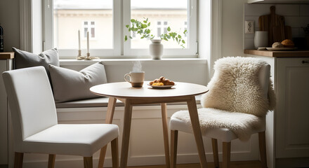 Cozy breakfast scene with coffee, croissants, and a warm, inviting atmosphere