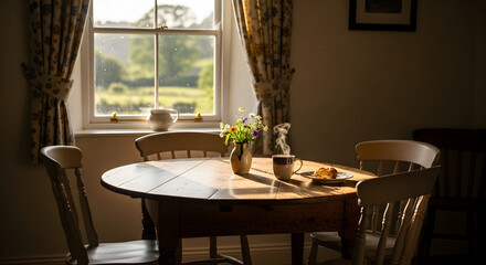 Cozy breakfast scene with coffee, flowers, and sunlight illuminating a rustic table
