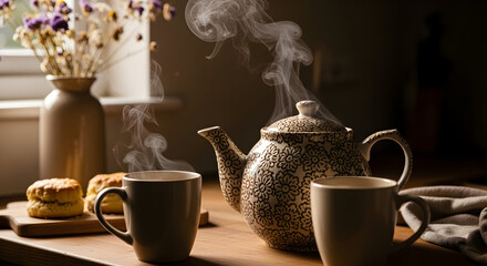 Cozy Breakfast Still Life Of Freshly Baked Treats, Brewing Tea, And Dried Flowers