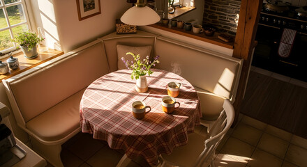 Cozy breakfast nook bathed in sunlight, perfect for enjoying a relaxing morning coffee