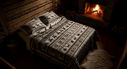 Cozy Cabin Bedroom With Fireplace, Bedding, And Warm Atmosphere For Relaxing