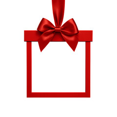 Red ribbon gift box frame with bow isolated on transparent background