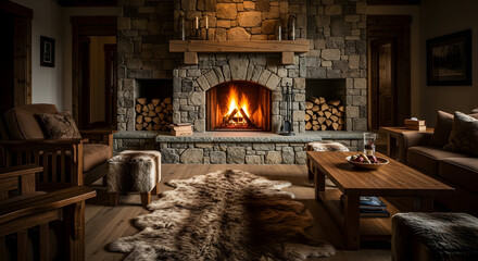 Cozy Cabin Interior Featuring a Stone Fireplace and Warm Ambiance, Perfect Retreat