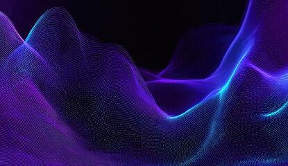Obraz premium Abstract digital wave forms in vibrant purple and blue hues, with a network of interconnected points creating a dynamic visual effect against a deep black backdrop