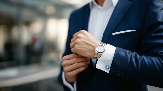 A professional adjusts a cufflink on a tailored suit, showcasing luxury and corporate success with a visible high-end watch.