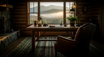 Cozy cabin interior with a desk and a view of the mountains during sunrise