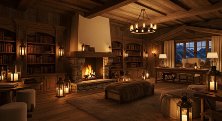 Cozy Cabin Interior with Burning Fireplace and Library, Warm Lighting Creating Atmosphere