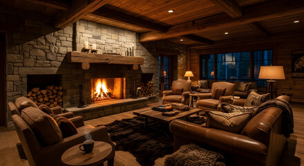 Cozy Cabin Interior with Lit Fireplace Creates Comfortable and Relaxing Atmosphere