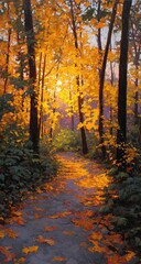 Obraz premium Autumnal path bathed in golden sunlight
