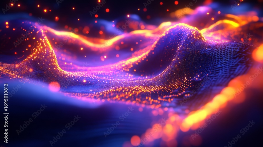 Poster exploring a digital cyberspace world glowing data waves virtual realm motion graphics futuristic env