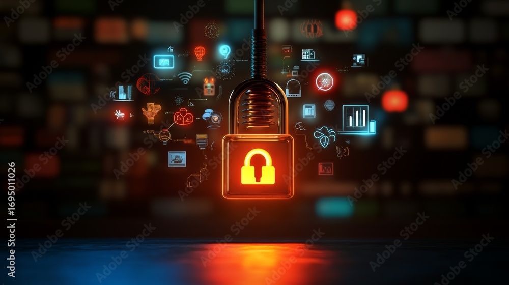 Aufkleber illuminating digital lock secured above cyber network technology environment visual concept for enha