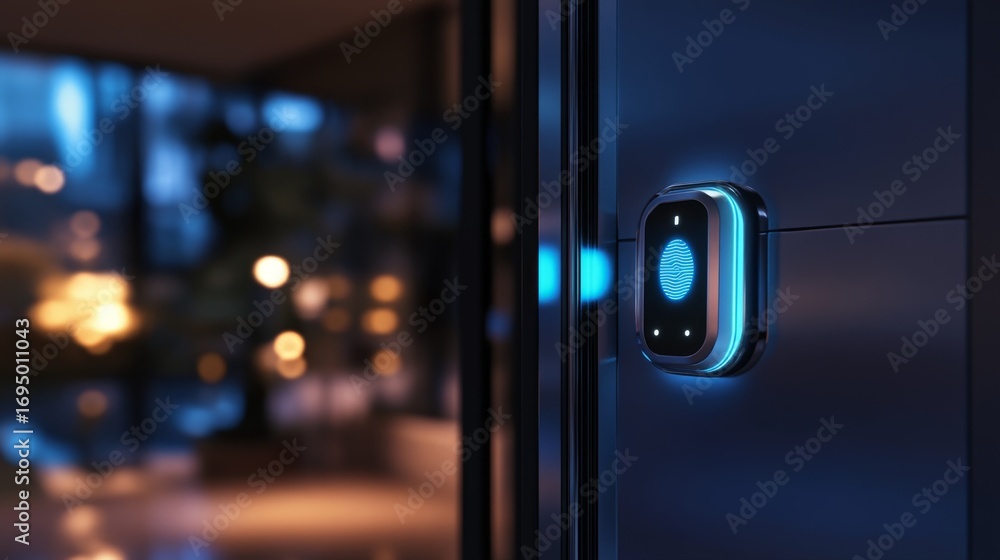 Poster unlocking the future a glowing digital lock with fingerprint scanner in a modern environment