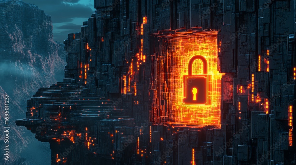Aufkleber securing digital futures glowing data nodes and a padlock symbol in a futuristic environment