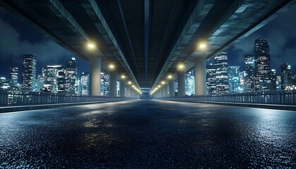 Wet asphalt road under highway bridge, glowing city skyline background at nighttime