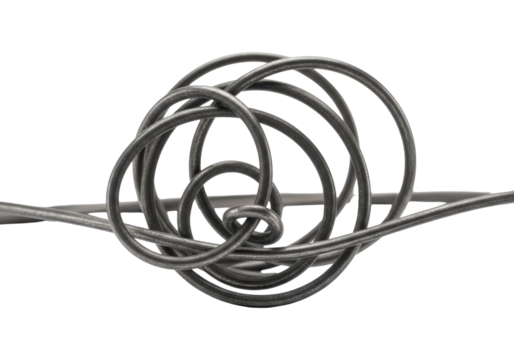 Macro of dark charcoal metallic wire, intricately coiled, subtly tarnished, texture, pristine transparent, soft shadows, concept of enduring strength and intricate design