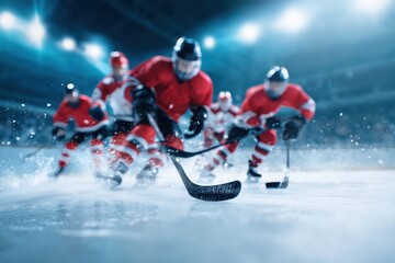 Hockey Team Collision concept. Ice hockey players in action on the rink with motion blur effects.