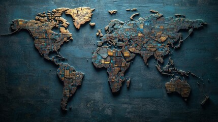 Dramatic world map depicting countries and borders global geography artistic representation dark textured background aerial perspective visual concept