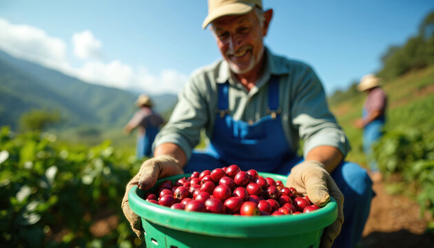 Farmers diligently harvest ripe coffee cherries in rich, sunny mountain fields. Skilled hands pick red fruit, dedication to quality organic coffee production. Traditional rural labor sustains