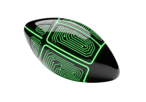 Ultra-sleek, glossy black futuristic training orb with glowing neon green circuit patterns, isolated on transparent background, concept of future athletic performance