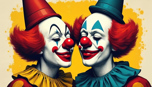 Pop art style illustration features two clowns with bright red wigs, painted faces, colorful costumes against vibrant yellow background. Eyes closed, sport exaggerated red noses, smiles, evoking