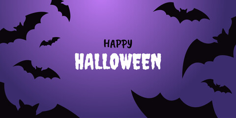Happy Halloween night banner with flying bats and purple spooky background. Vector illustration for party, sale or invitation.