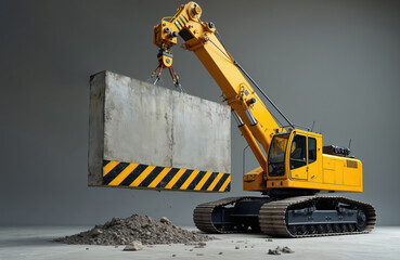 Heavy yellow crane lifts concrete block with black stripes using magnetic equipment. Industrial machinery with tracks, power, strength, used in construction, demolition, salvage operations.